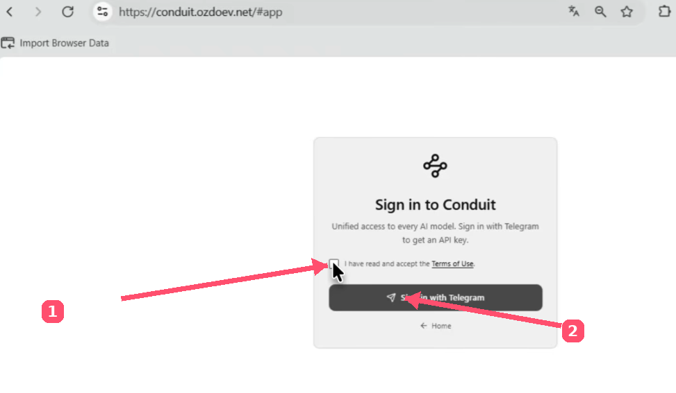 Conduit sign in with Telegram
